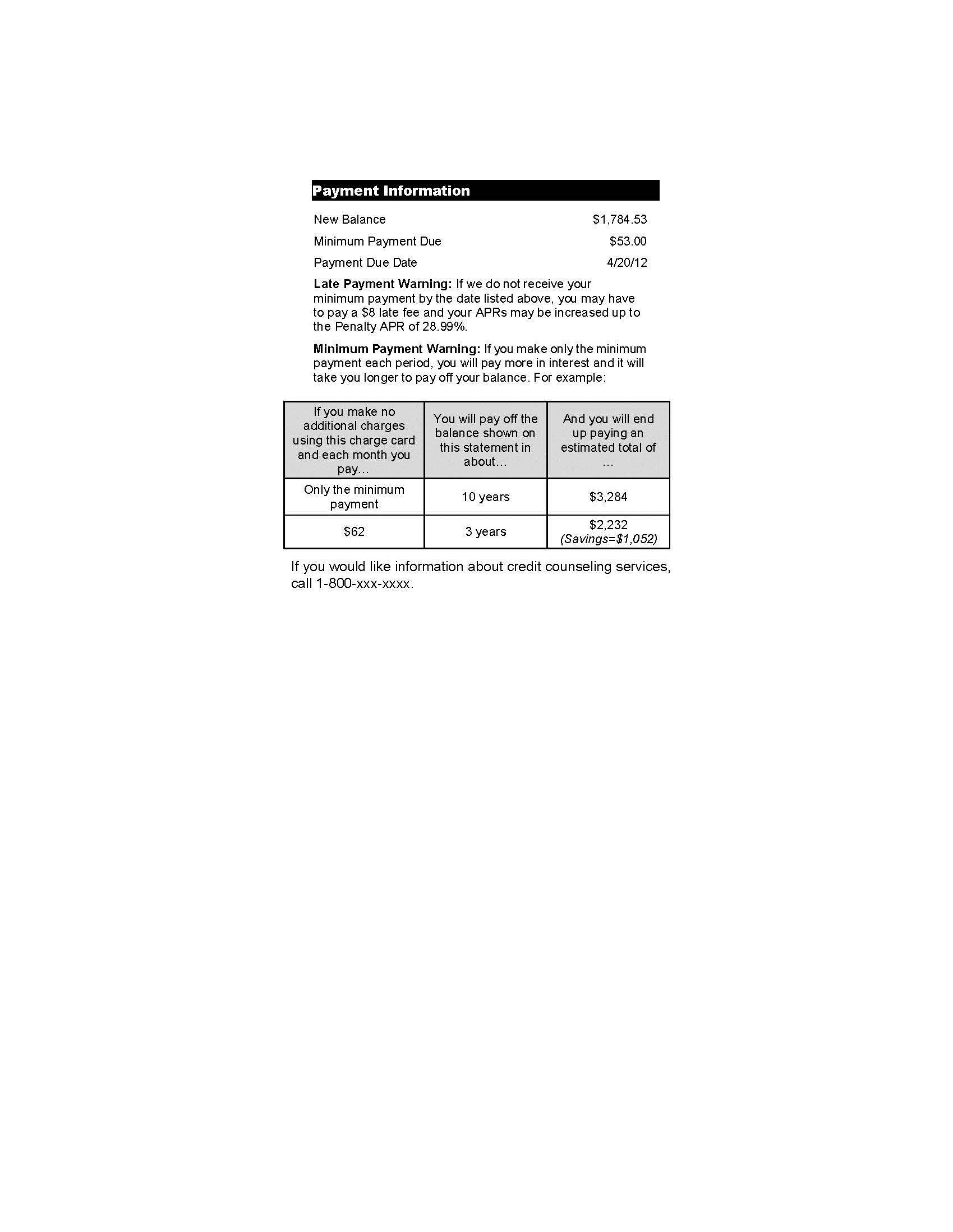 G-18(D)—Periodic Statement New Balance, Due Date, Late Payment and Minimum Payment Sample (Credit Cards)